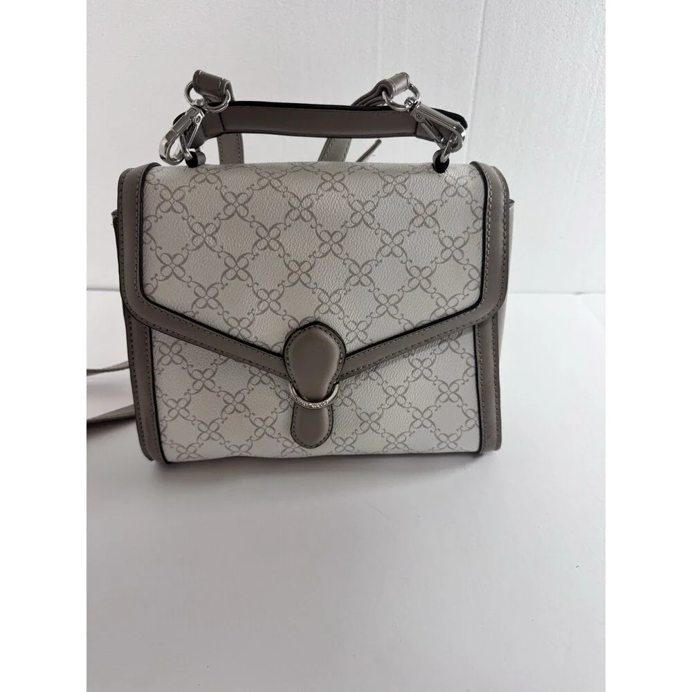 Nine West Crossbody Satchel Bag Grey White Monogram Logo Faux Leather Chic Purse